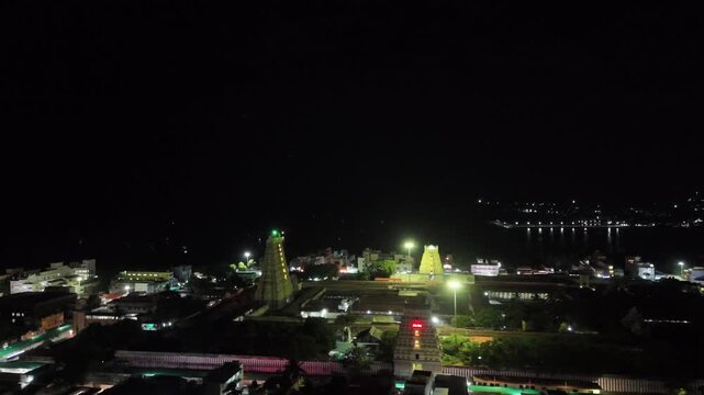 Aerial Night View of Ramanathaswamy Temple and Rameswaram Coast Tamil Nadu India
