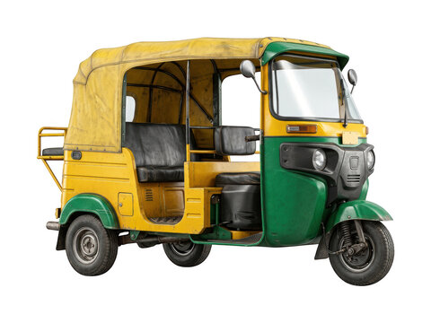 One weathered yellow and green auto rickshaw isolated for travel themed graphic design