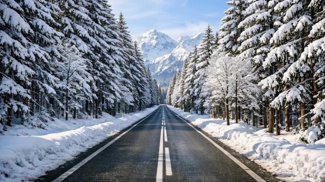 Scenic winter road through snow-covered pine forest with mountain backdrop