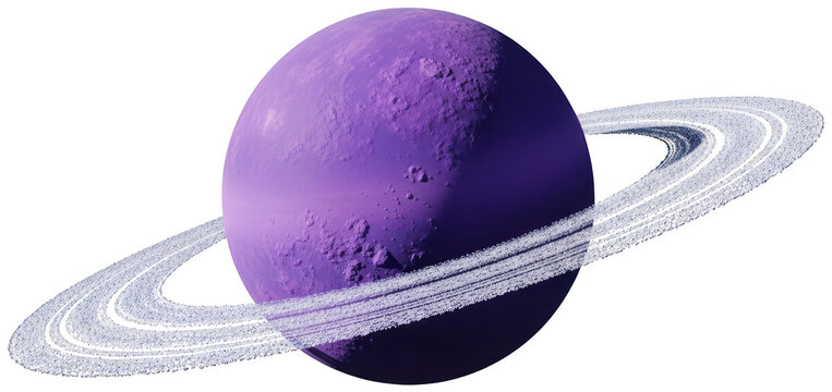 Purple textured planet with rings, isolated on transparent background for digital space layouts