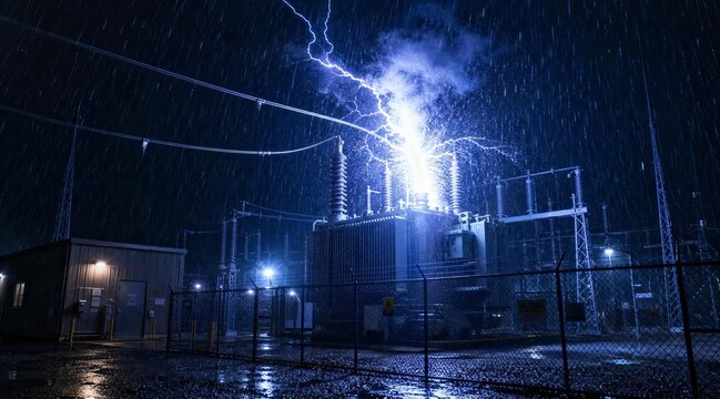 High-voltage power substation transformer arc during thunderstorm