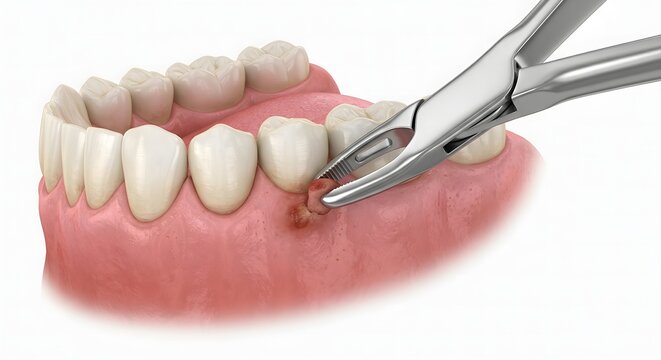 Dental Biopsy Forceps Removing Gingival Lesion from Gum Tissue, 3D Render Oral Surgery Isolated on White