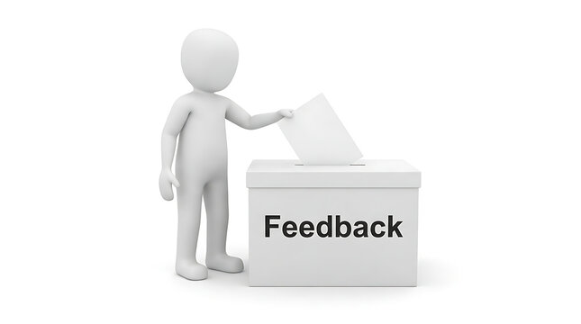 3D white figure casting a vote into a feedback box representing customer opinion