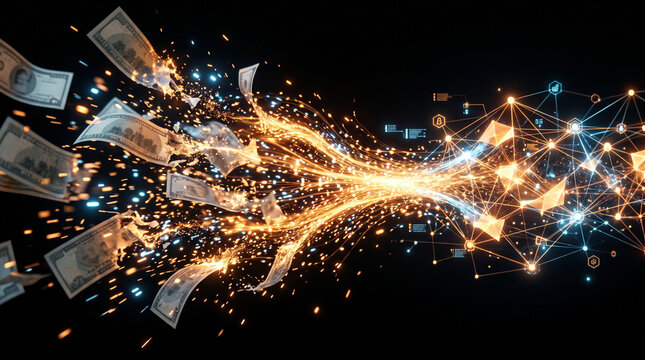 Conceptual visual transformation of paper fiat money dissolving into futuristic glowing cryptocurrency coins and blockchain data.