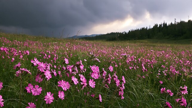 Pink campion flowers bloom in a meadow under stormy skies