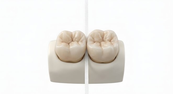 Dental Floss Cleaning Between Two Molar Teeth Models, 3D Scientific Illustration of Oral Hygiene Isolated on White Background