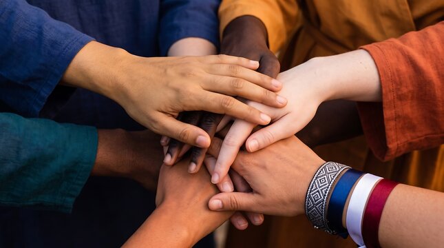Close up of diverse multiethnic hands stacked together in unity