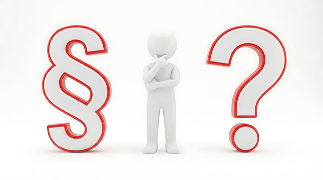 A thoughtful white figurine stands between a paragraph symbol and a question mark, contemplating an important decision or question