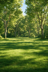 Fototapeta premium landscape with broad sunny woodland meadow framed by mature deciduous trees, portrait format, photorealistic