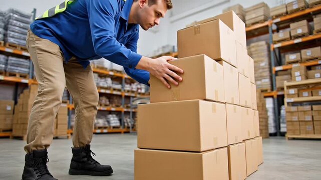 ?Efficient warehouse worker stacking boxes neatly in busy storage area