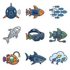 Obraz premium Cybernetic Robot Fish and Digital Sea Technology Illustration Set