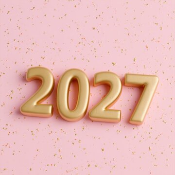 Chunky golden numbers 2027 rest on a pastel pink background. Tiny confetti adds a festive touch to the scene for a celebration.