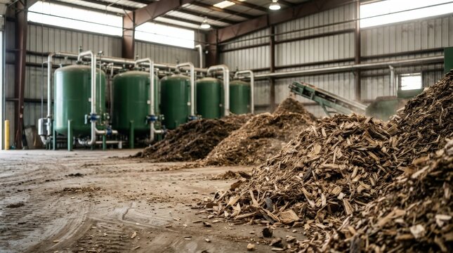 The industrial grain silo harvest operation is showcased inside a large warehouse filled with green tanks and piles of wood chips on the concrete floor for processing