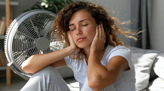 Young woman struggling with extreme heat inside an apartment, sitting in front of an electric fan, showing heat stress and fatigue and trying to cool down, flushed face and warm afternoon sunlight
