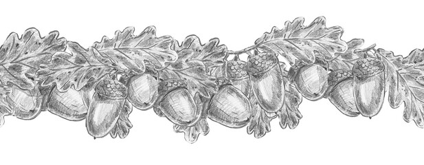 Hand drawn horizontal oak branches with large acorns seamless border in pencil sketch style. Ideal for wilderkind decor, rustic textile, organic packaging, cottagecore wrap, farmhouse art. © Margarita