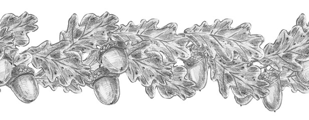 Hand drawn horizontal oak leaves and acorns seamless border in pencil sketch style. Ideal for wilderkind decor, rustic textile, organic packaging, cottagecore wrap, farmhouse wallpaper. © Margarita