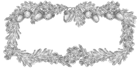 Hand drawn rectangular oak leaves and acorns frame in pencil sketch style with copy space. Ideal for wilderkind decor, autumn greeting cards, wedding invites, organic packaging, farmhouse wall art. © Margarita