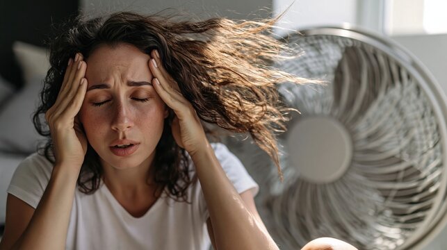 Young exhaust woman experiencing heat stress at home during an extreme heatwave, using an electric fan to cool herself, highlighting the health risks of dangerously high temperatures