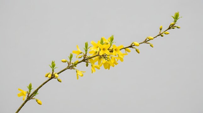 Yellow forsythia flower branch blooming in spring isolated on a light grey background