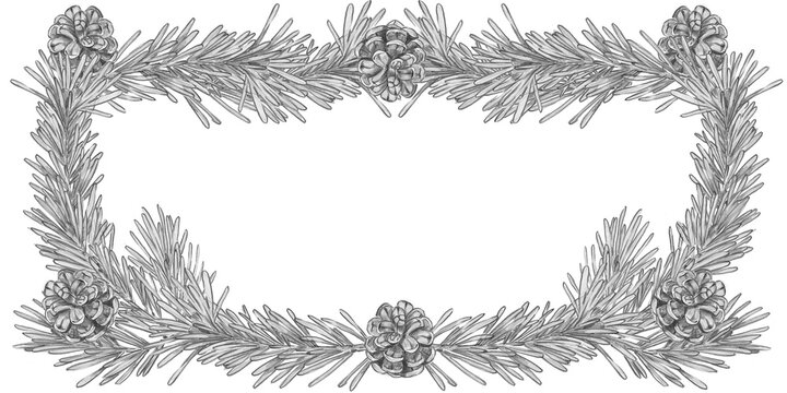 Hand drawn rectangular pine branches and cones frame in pencil sketch style with copy space. Ideal for wilderkind decor, christmas greeting cards, wedding invites, organic packaging, farmhouse wall