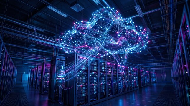 Futuristic cloud computing concept featuring a glowing digital cloud icon over server racks in a high-tech data center, representing big data, AI network, and global connectivity.