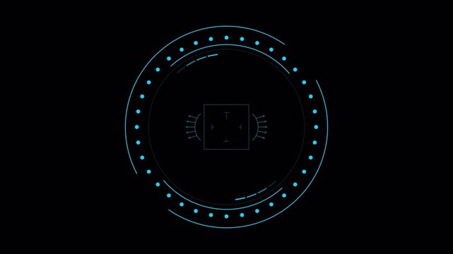 Futuristic circular HUD radar interface animation with glowing blue neon elements, scanning indicators, digital targeting system and sci-fi technology design on transparent background.