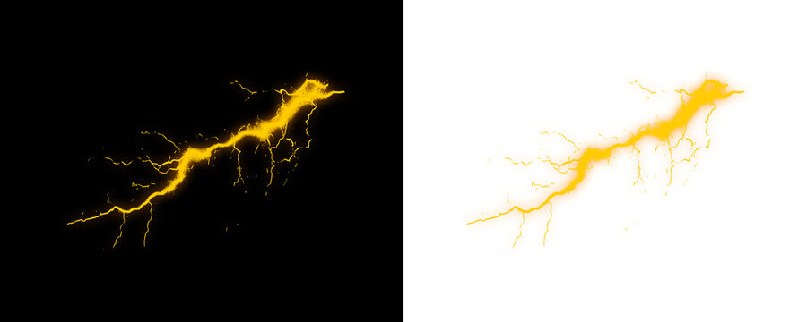 Yellow electric lightning bolt with powerful energy discharge, futuristic plasma arc and vibrant thunder flash effect for technology template design on transparent background