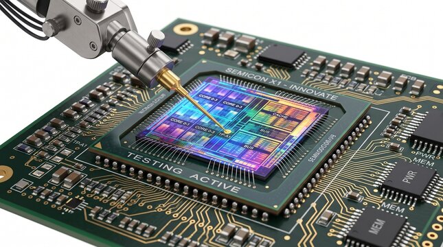 High-precision robotic probe testing an advanced semiconductor microchip on a circuit board, showcasing internal processor architecture and modern electronic engineering technology.