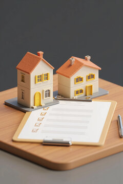 Model houses on clipboard with checklist representing real estate purchase agreement and property inspection planning for residential investment and mortgage loan application processing on desk
