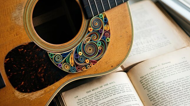 Close-up of decorated guitar and open book on desk.