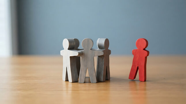 Social Exclusion Represented by a Lone Red Wooden Figure Standing Apart From a Group of Grey People