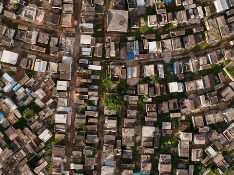 Aerial view of Maximo Gomez National Cemetery with its dense arrangement of historic stone tombs and pathways in Santo Domingo, Distrito Nacional, Dominican Republic.