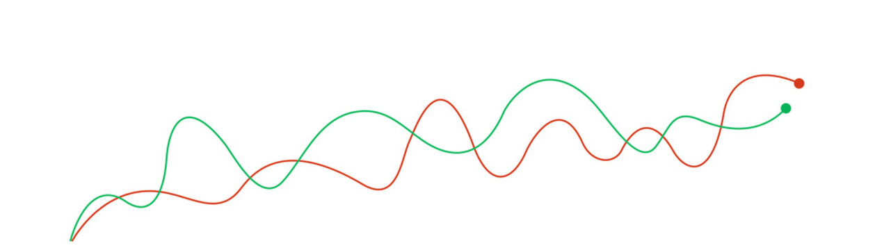 Abstract line chart with green and red curves moving across a white grid on a transparent background, showing changing data trends and comparison, Colorful line graph on white grid.