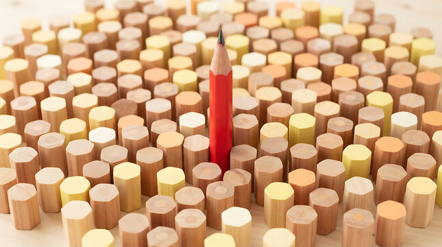 A single red pencil stands out from a crowd of wooden pencils, representing individuality and uniqueness