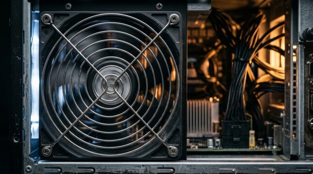 A close up view of a spinning server cooling fan inside a computer chassis revealing intricate wiring components and glowing internal lights for optimal ventilation