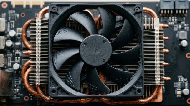 A close up top down view of a complex computer graphics card featuring a prominent black server cooling fan mounted over copper heat pipes and metallic cooling fins