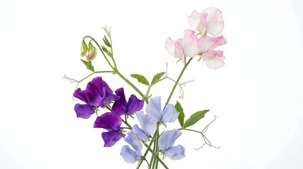 Obraz premium Sweet pea flowers in purple, pink, and blue isolated on a white background.