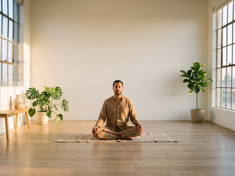 A serene Black man meditating in lotus pose on a mat in a bright, minimalist room with large windows and indoor plants, representing mindfulness and peace.