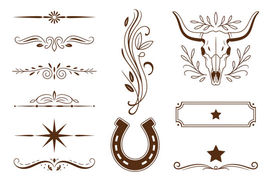 vintage western ornamental dividers, rustic decorative borders and flourishes, longhorn skull, horseshoe motifs, ranch branding elements, wedding invitation design, western themed vector illustration,