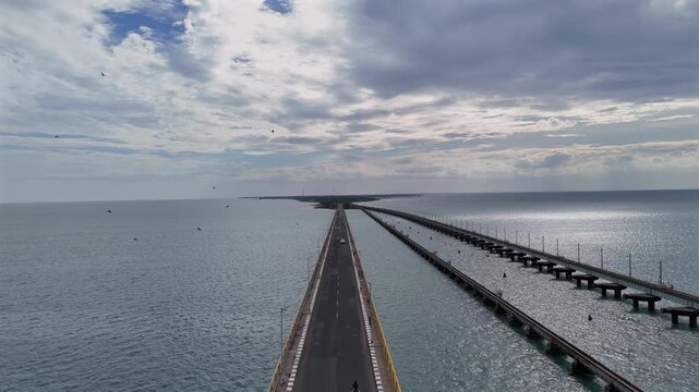 Aerial View of Pamban Bridge and Railway Bridge in Rameswaram Tamil Nadu India