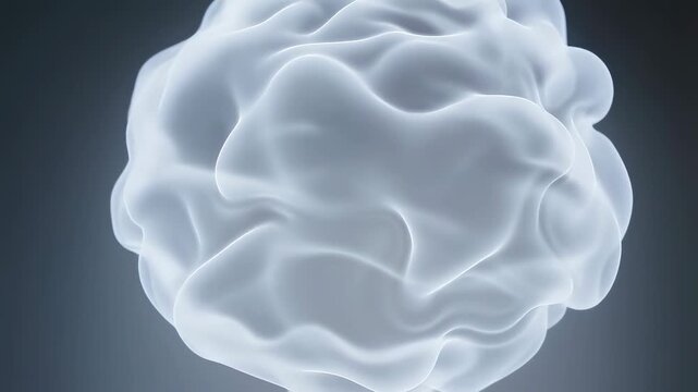 Translucent brain form slowly rotates and morphs in an abstract dark blue digital space. Medical education, neuroscience presentations, and healthcare communication.