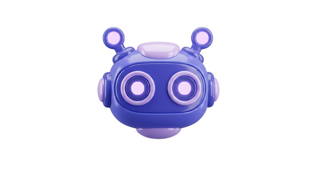 A cute 3d purple robot head character isolated on transparent background