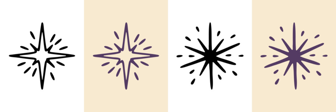 Starburst Symbols Hand Drawn Doodle Icon Set. Decorative Star And Sparkle Sketch Symbol Collection. Design Decoration And Celebration Graphics. Isolated Vector Illustration
