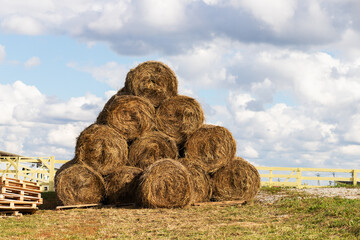 round hay bales are stacked in a pyramid beneath dramatic summer clouds, presenting harvested livestock feed, rural agriculture, seasonal work and food security © yta