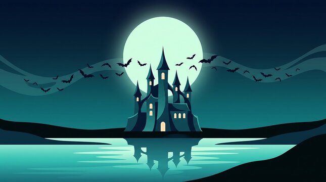 Dark haunted castle illuminated by full moon over glowing lake