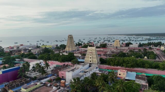 Aerial View of Ramanathaswamy Temple and Rameswaram Coast Tamil Nadu India