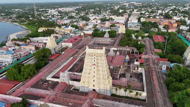 Aerial View of Ramanathaswamy Temple and Rameswaram Coast Tamil Nadu India
