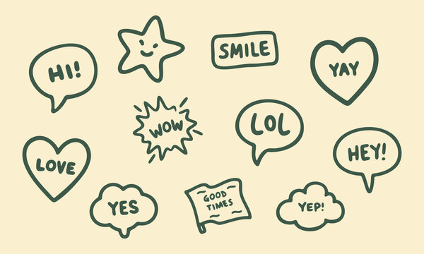 Positive Expressions And Emotions Hand Drawn Doodle Icon Set. Cheerful Speech Bubbles And Symbols Sketch Collection. Social Media And Messaging Communication. Isolated Vector Illustration