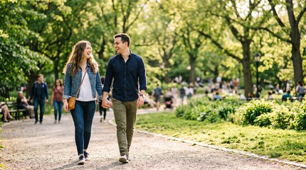 Fototapeta premium A Young Happy Couple Enjoying a Romantic Afternoon Stroll Along a Scenic Tree Lined Pathway in a Vibrant Lush Green Public City Park