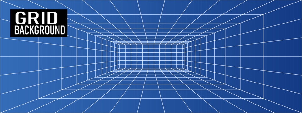 Grid square 3d with box perspective line and room background space. Wireframe blueprint texture with wire abstract empty and portal blue depth. Perspective futuristic grid with box pattern cyber.